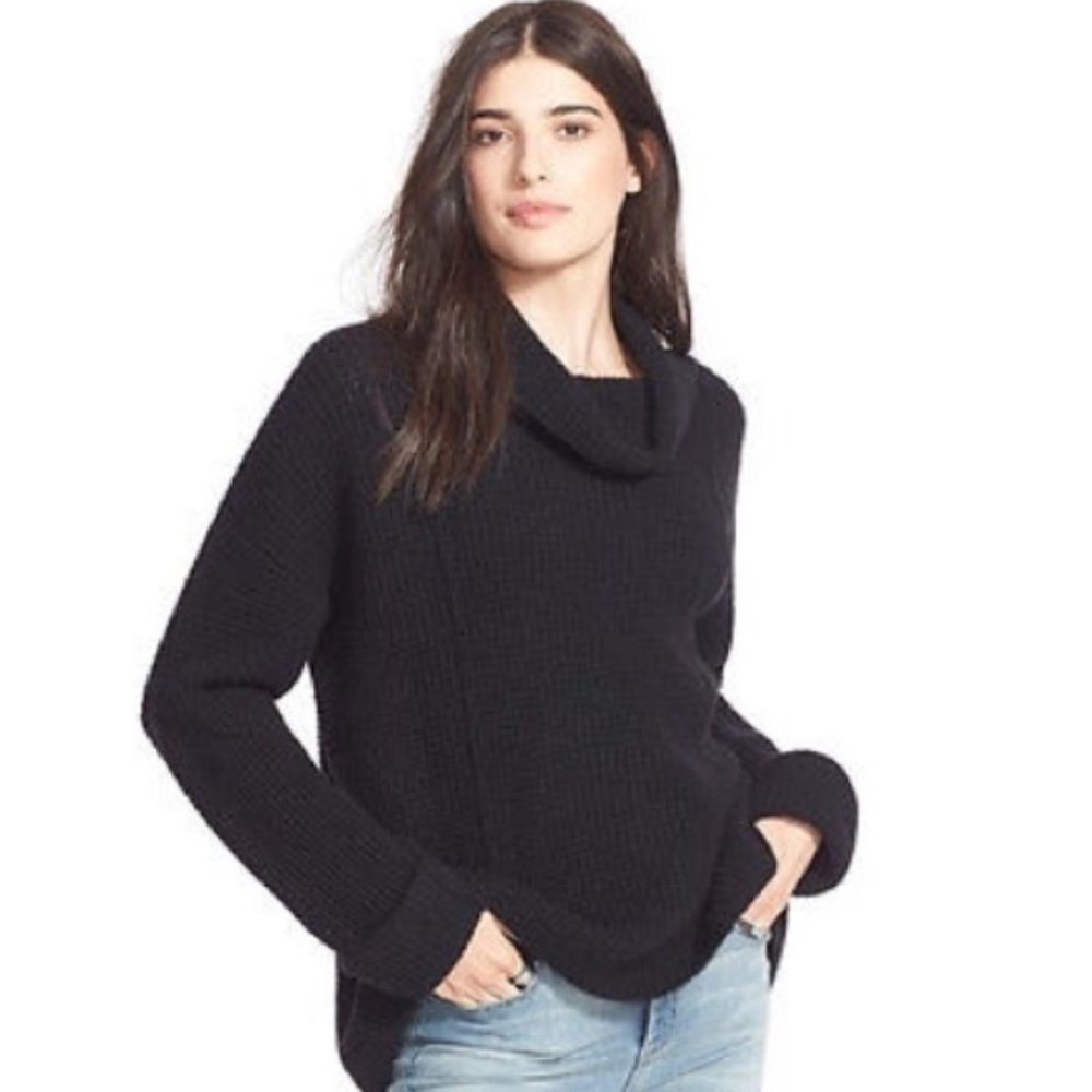 Free People Turtleneck Waffle Chunky Sweater Black